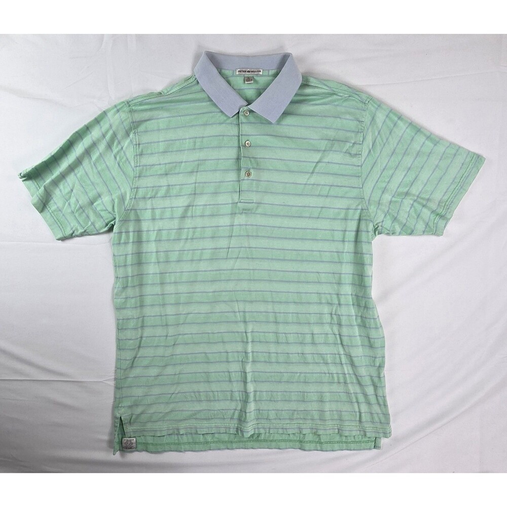 Peter Millar Polo Shirt Men's XL Green Striped 100% Cotton Grey Collar